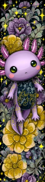 Free kawaii axolotl bookmark featuring a mustard and purple kawaii axolotl